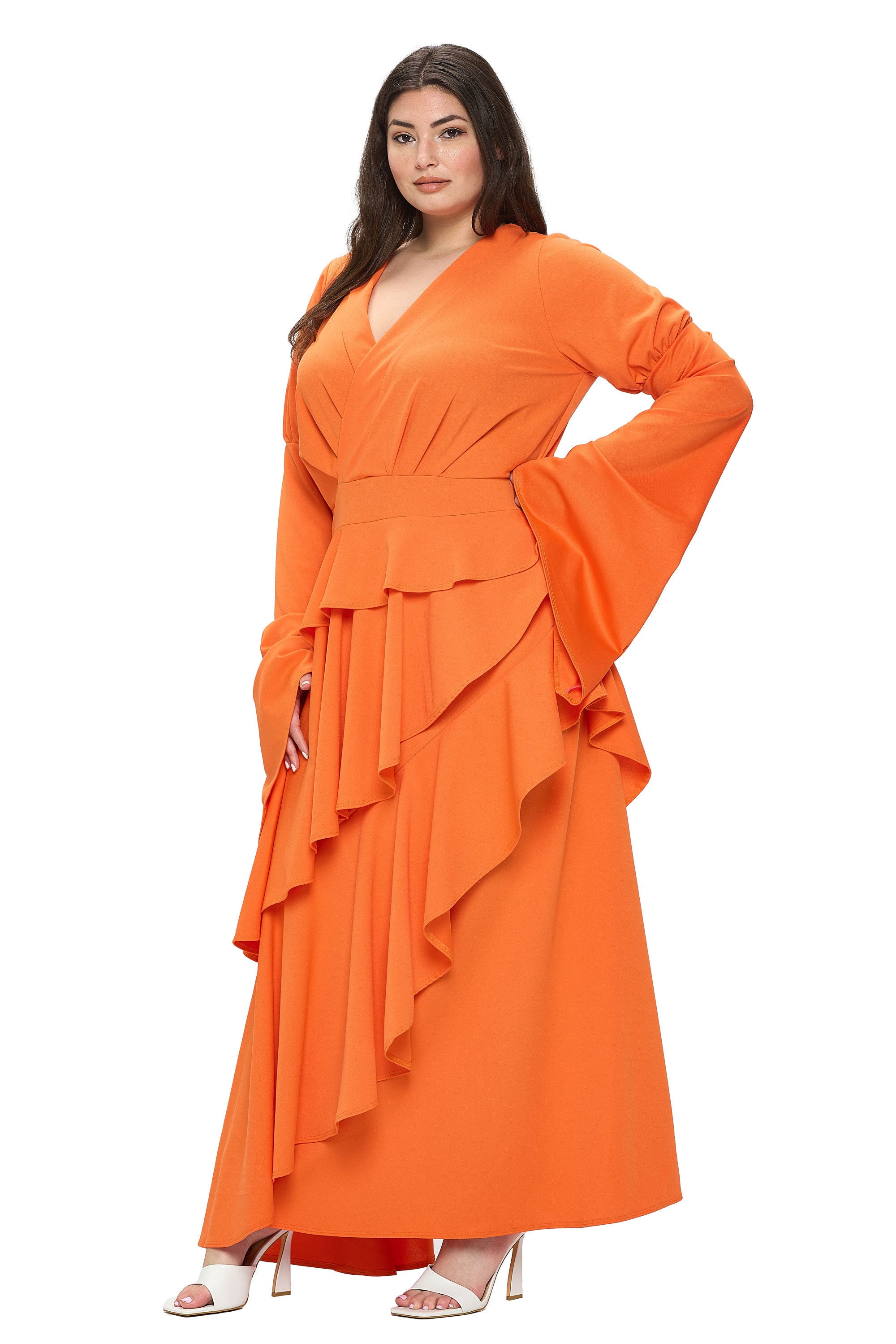 ZETA RUFFLED DRAMA DRESS, Tangerine / Orange, alternate image number 1