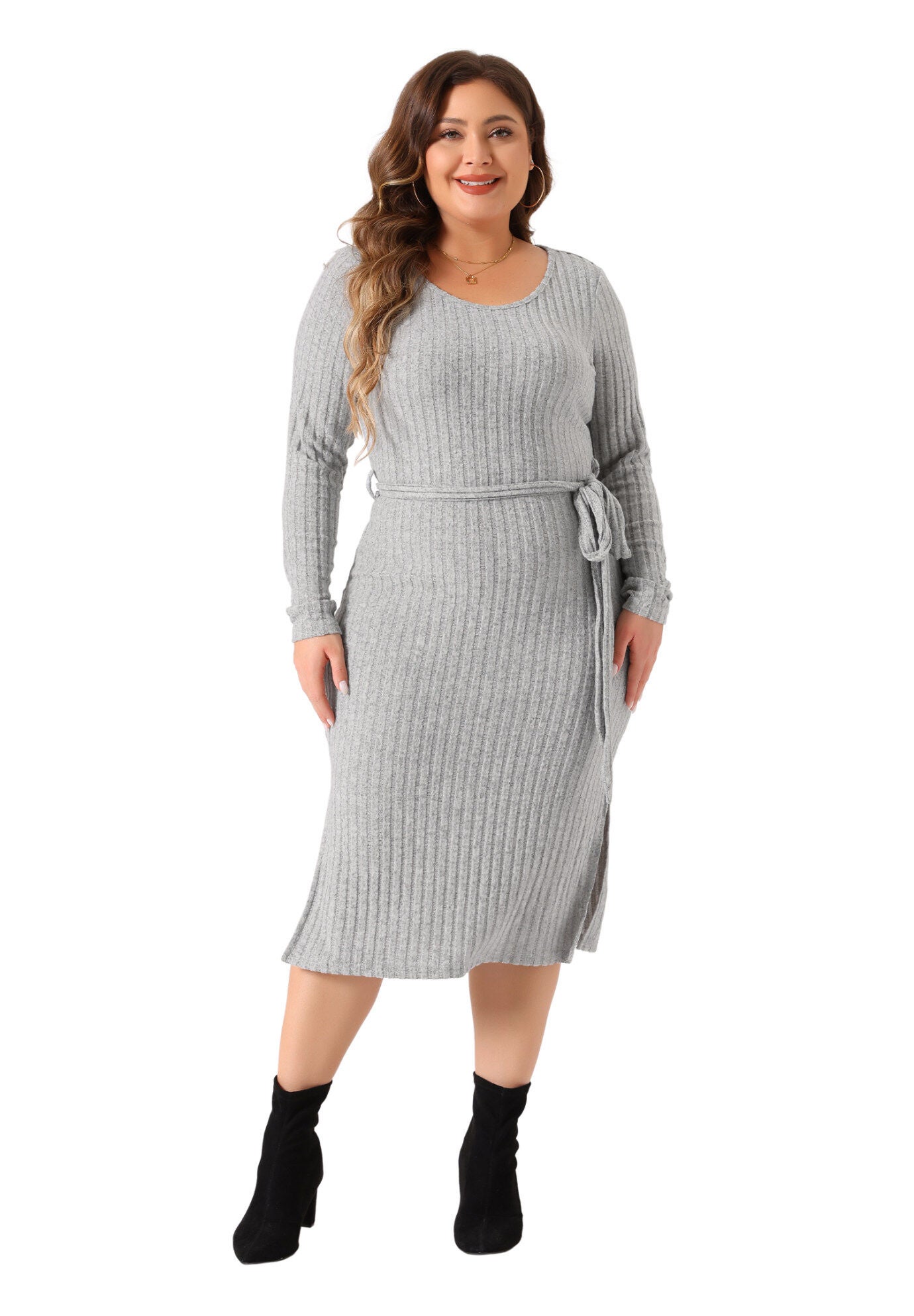 Round Neck Long Sleeve Ribbed Knit Side Slit Tie Waist Bodycon Midi Dress, Gray / Light Grey, hi-res image number 0
