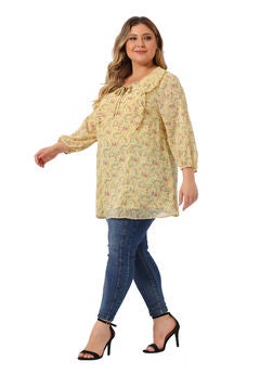 Chiffon Short Sleeve Floral Tie Neck Top