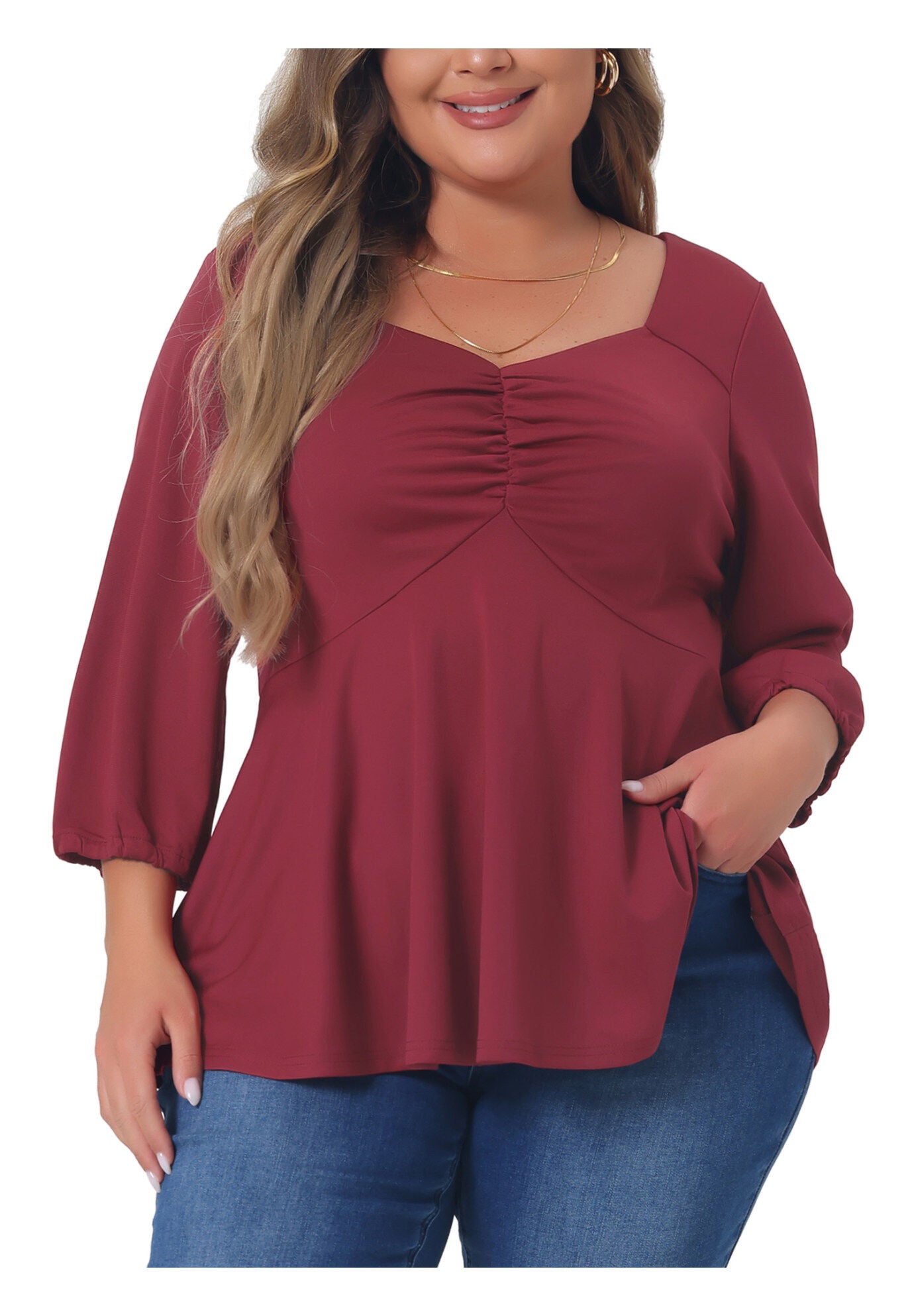 SWEETHEART V NECK ELBOW SLEEVE FRONT RUCHED PEPLUM BLOUSE, Burgundy / Red, alternate image number 2