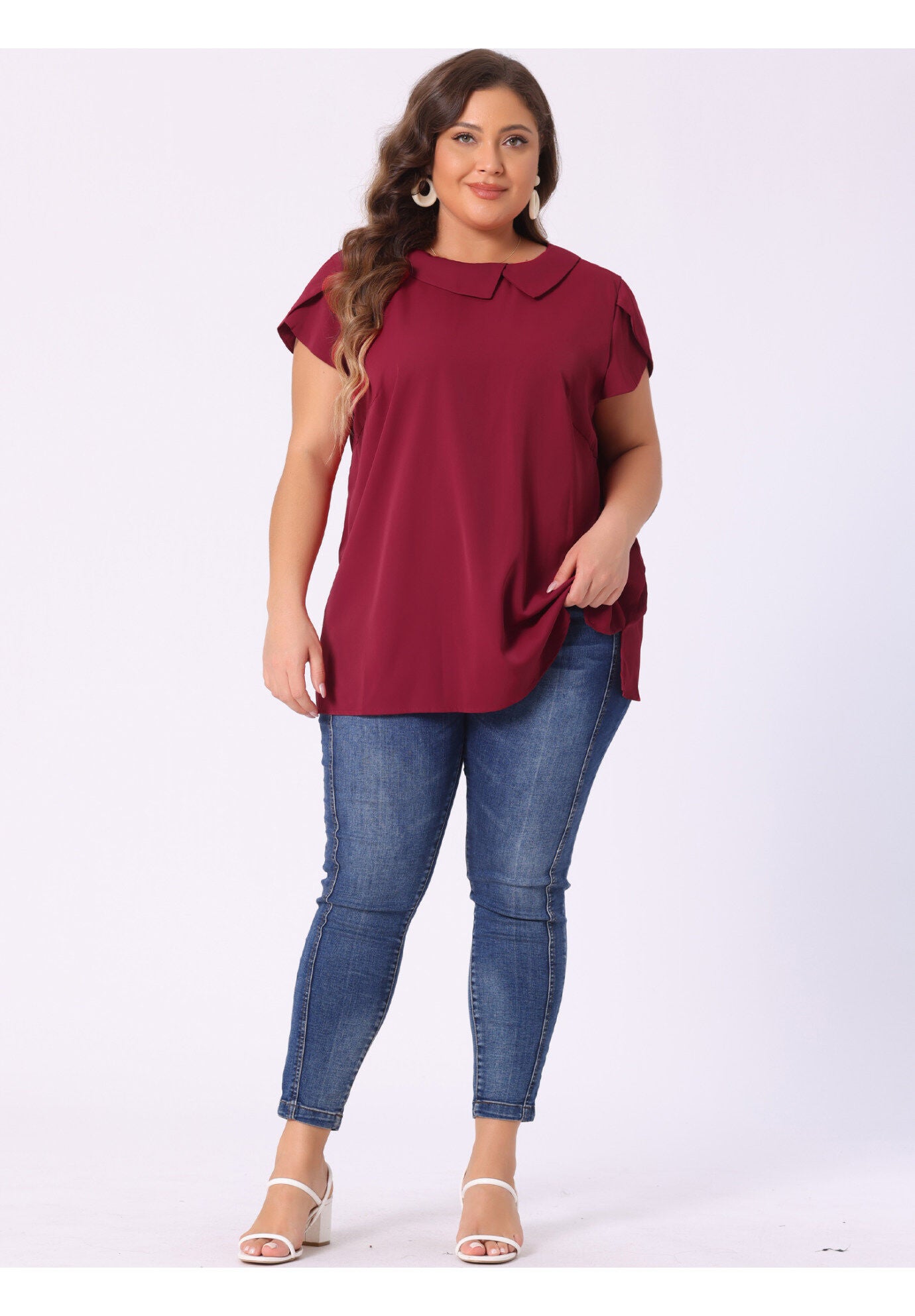 BOAT NECK FLUTTER SLEEVE CHIFFON TOP, Burgundy / Red, hi-res image number 0