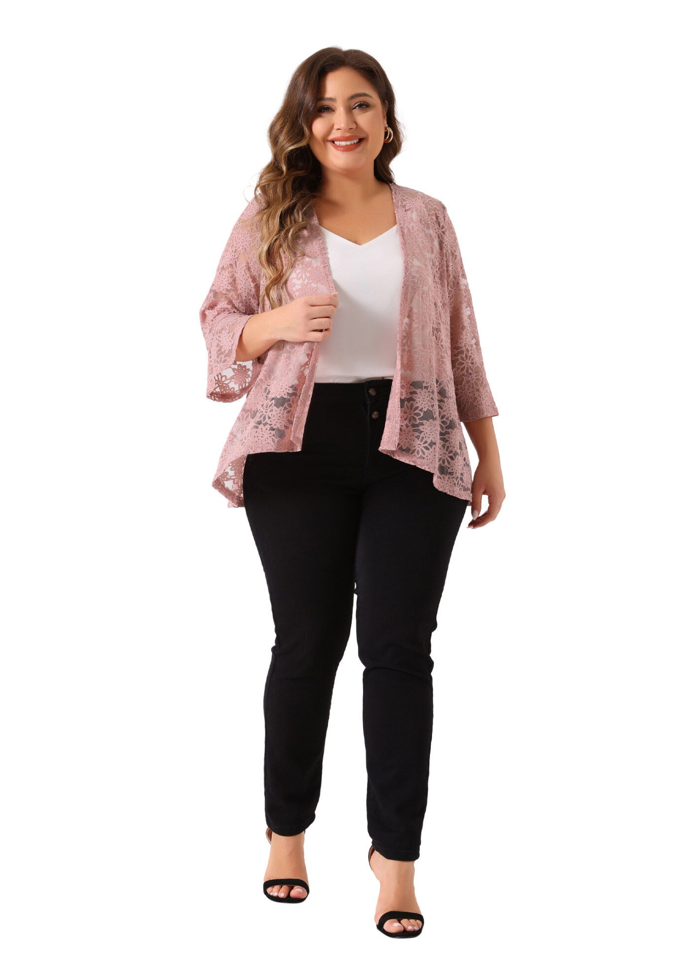 OPEN FRONT 3/4 BELL SLEEVE SHEER LIGHTWEIGHT LACE COVER UP CARDIGAN, Pink / Pink, alternate image number 2