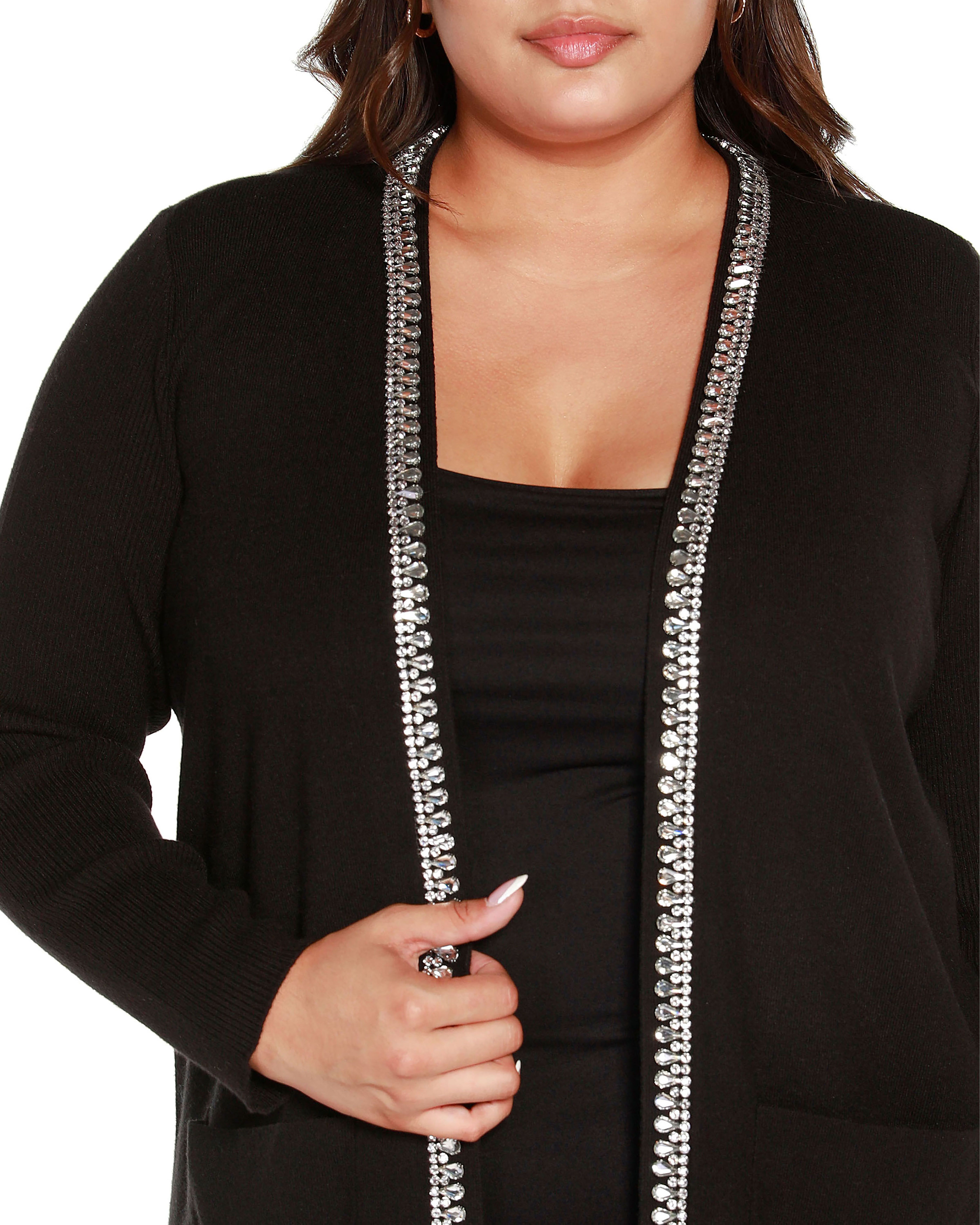 Plus Size Rhinestone Trim Open-Front Cardigan, Black / Black, alternate image number 2