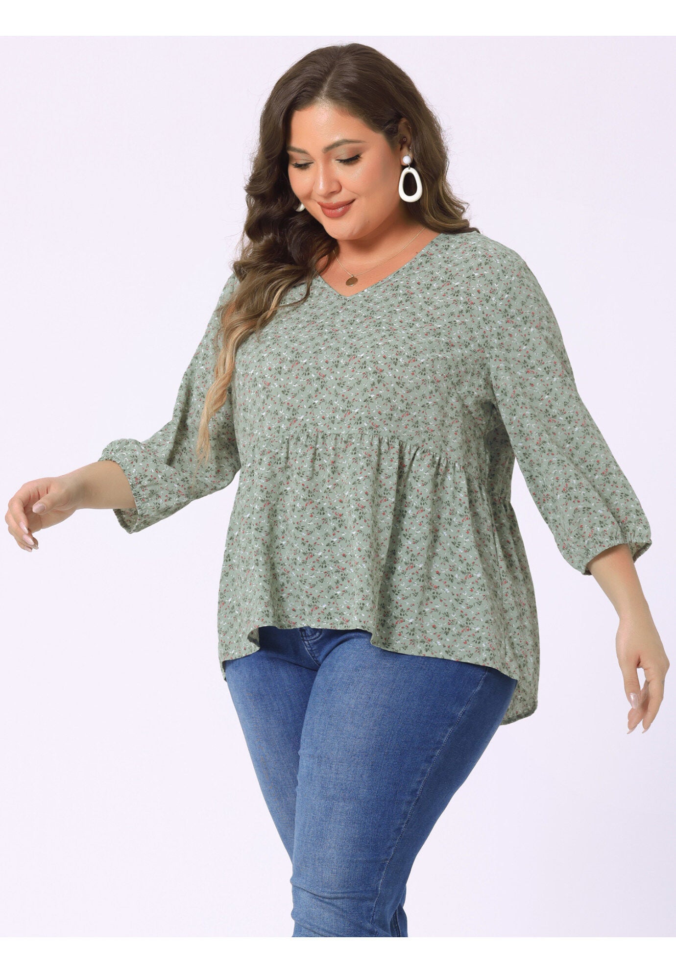 V Neck Babydoll Flowy 3/4 Lantern Sleeve Floral Blouse, Green / Sage Green, alternate image number 4