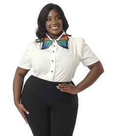 Unique Vintage Plus Size White & Rainbow Butterfly Collar Cotton Blouse