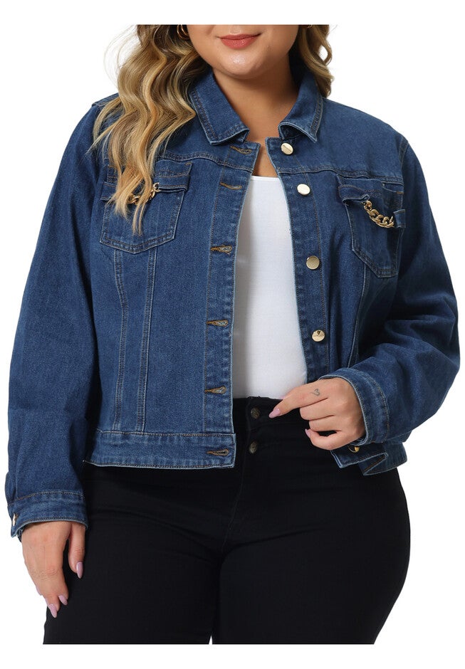 Long Sleeves Button Down Cropped Denim Jean Jackets, Blue / Chambray Denim Medium, alternate image number 1