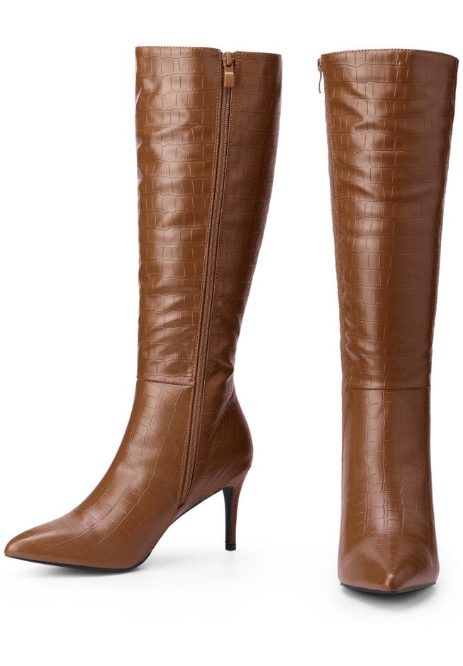 Stone Pattern Stiletto Heels Knee High Boots, Brown / Brown, alternate image number 2