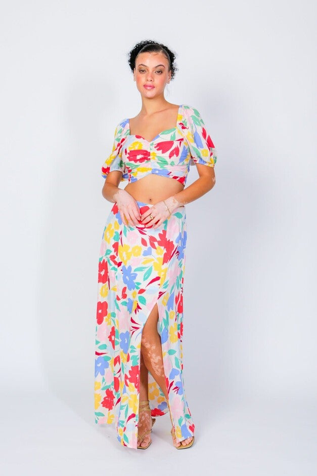 Puff Sleeve Peaches Crop Top, Large Floral / White, alternate image number 2