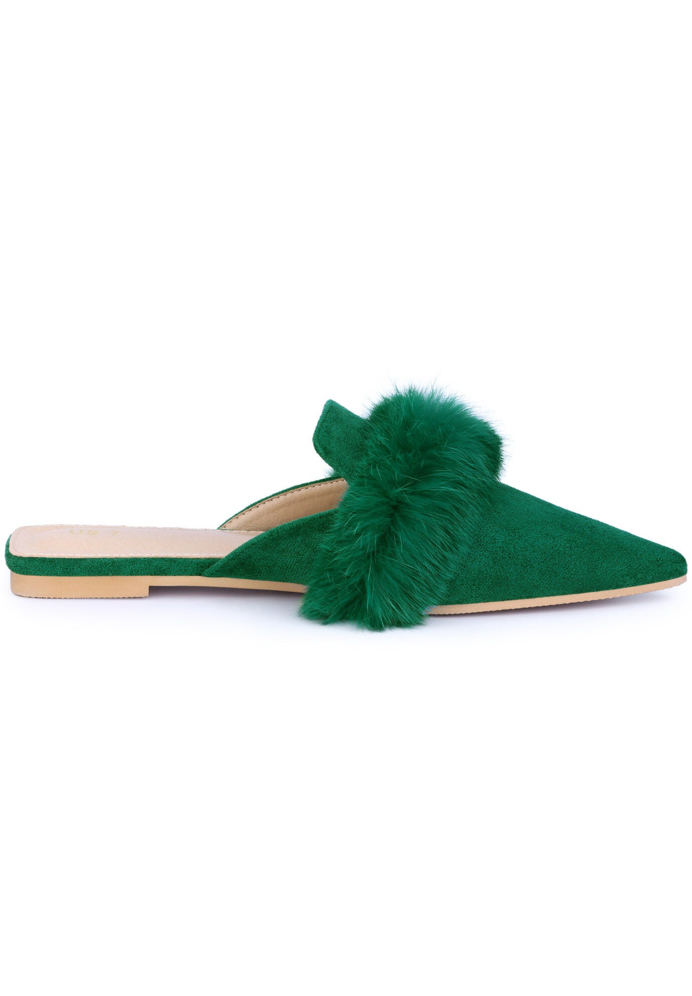 Pointed Toe Faux Fur Slip on Flat Slide Mules, Green / Hunter Green, alternate image number 3