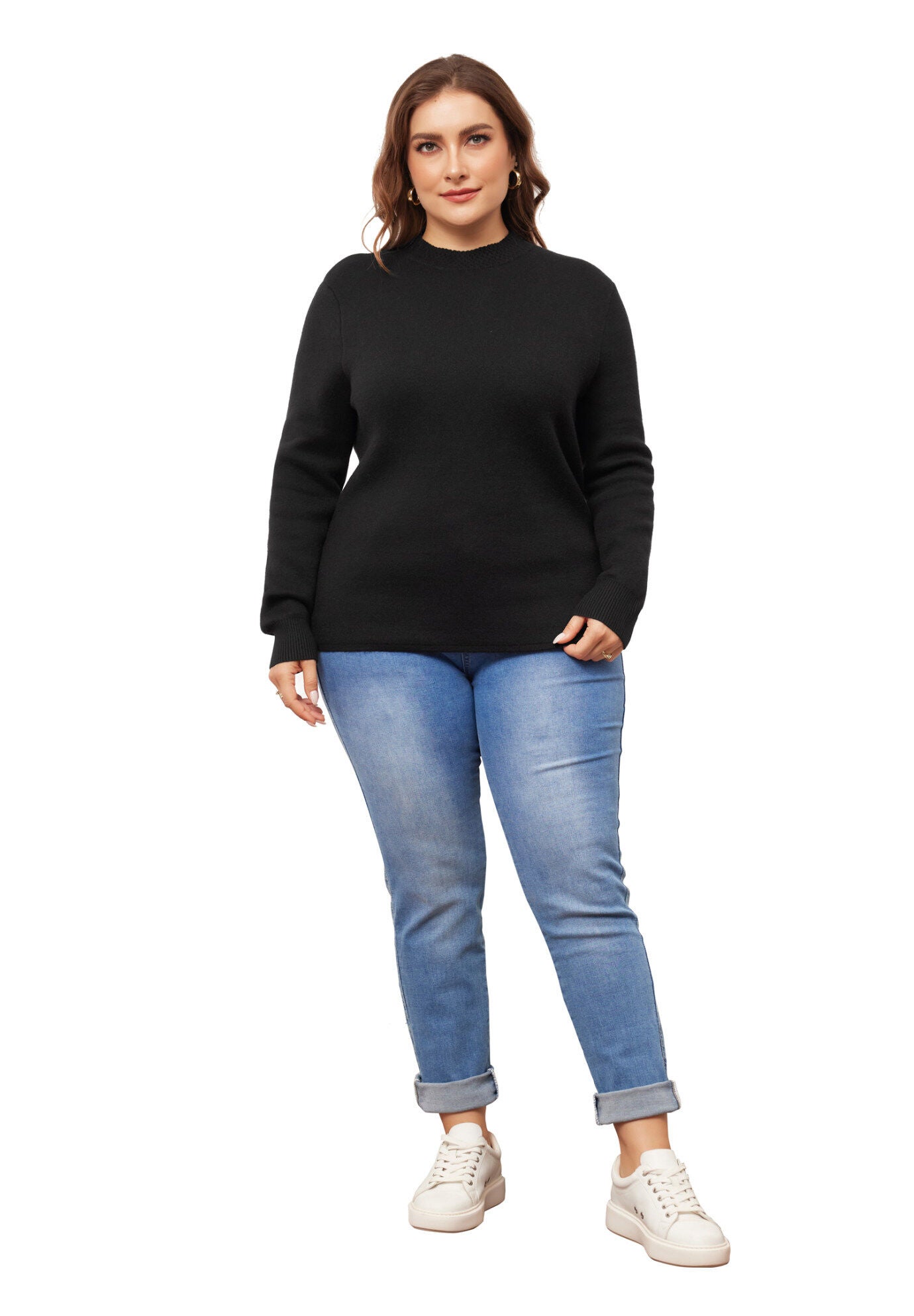 Crewneck Long Sleeve Knit Pullover Top, Black / Black, hi-res image number 0