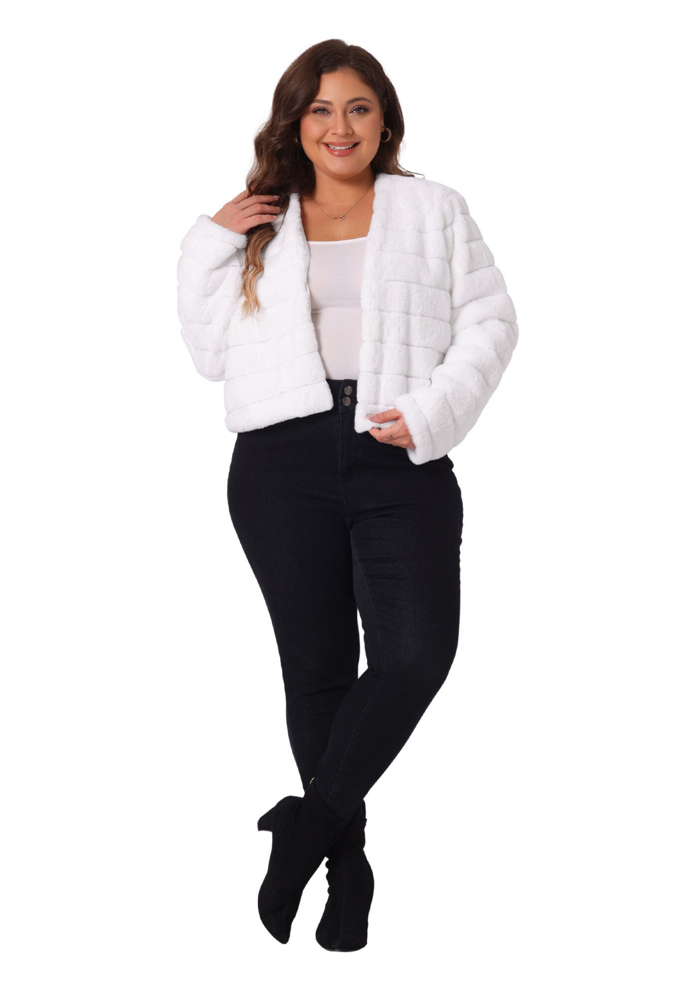OPEN FRONT CROPPED FAUX FUR WINTER FLUFFY JACKET, White / White, hi-res image number 0
