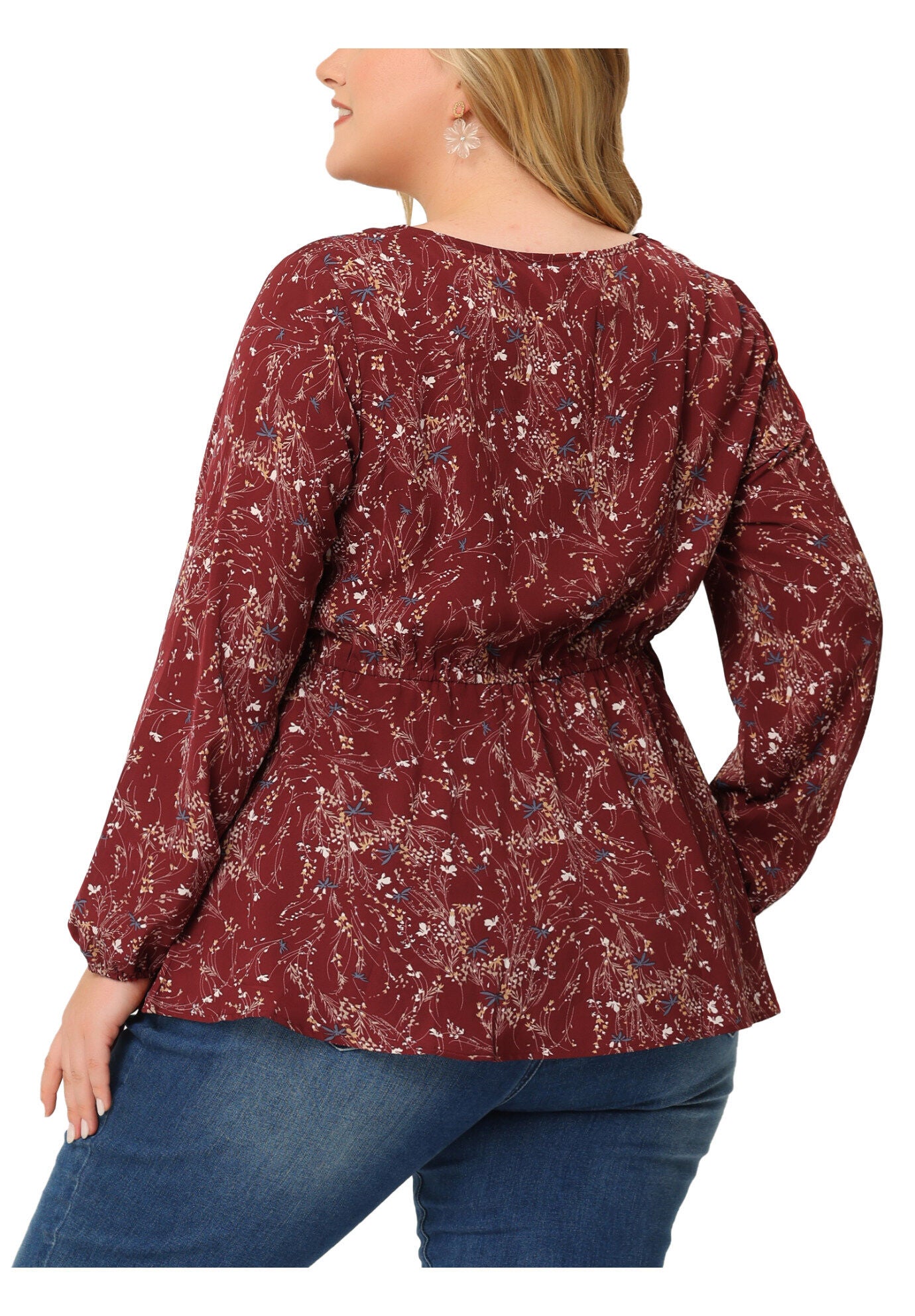 Floral Print Long Sleeves Belt Tie Ruffle Casual Peplum Top, Red / Red, alternate image number 3