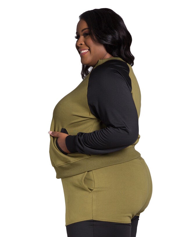 Billie Women's Plus Size Zip Up Conrast Blocked Sweatshirt Jacket, Light Olive / Olive Green, alternate image number 4