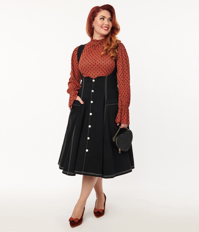 Unique Vintage Black Denim Button Suspender Swing Skirt, Black / Black, hi-res image number 0