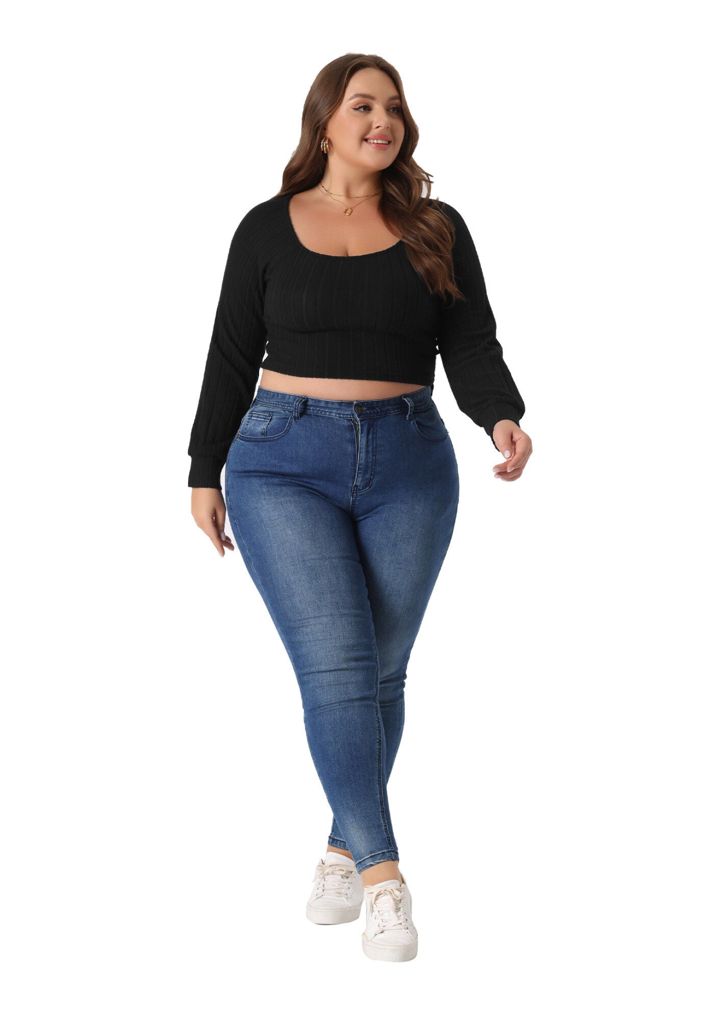 Square Neck Long Sleeve Slim Fitted T-Shirt Crop Tee Top, Black / Black, hi-res image number 0