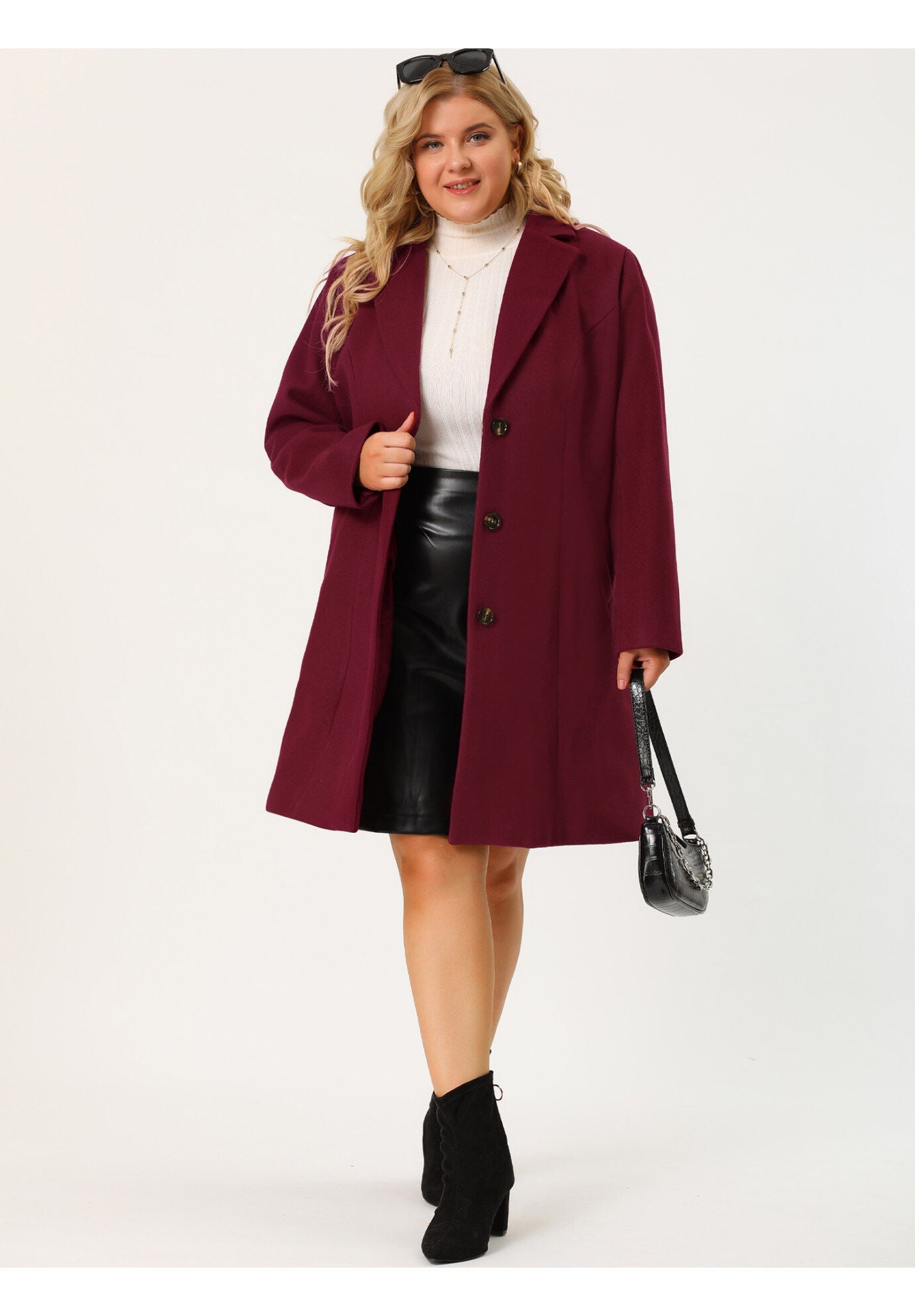 SINGLE BREASTED NOTCHED LAPEL LONG WINTER COAT, Wine Red / Red, hi-res image number 0