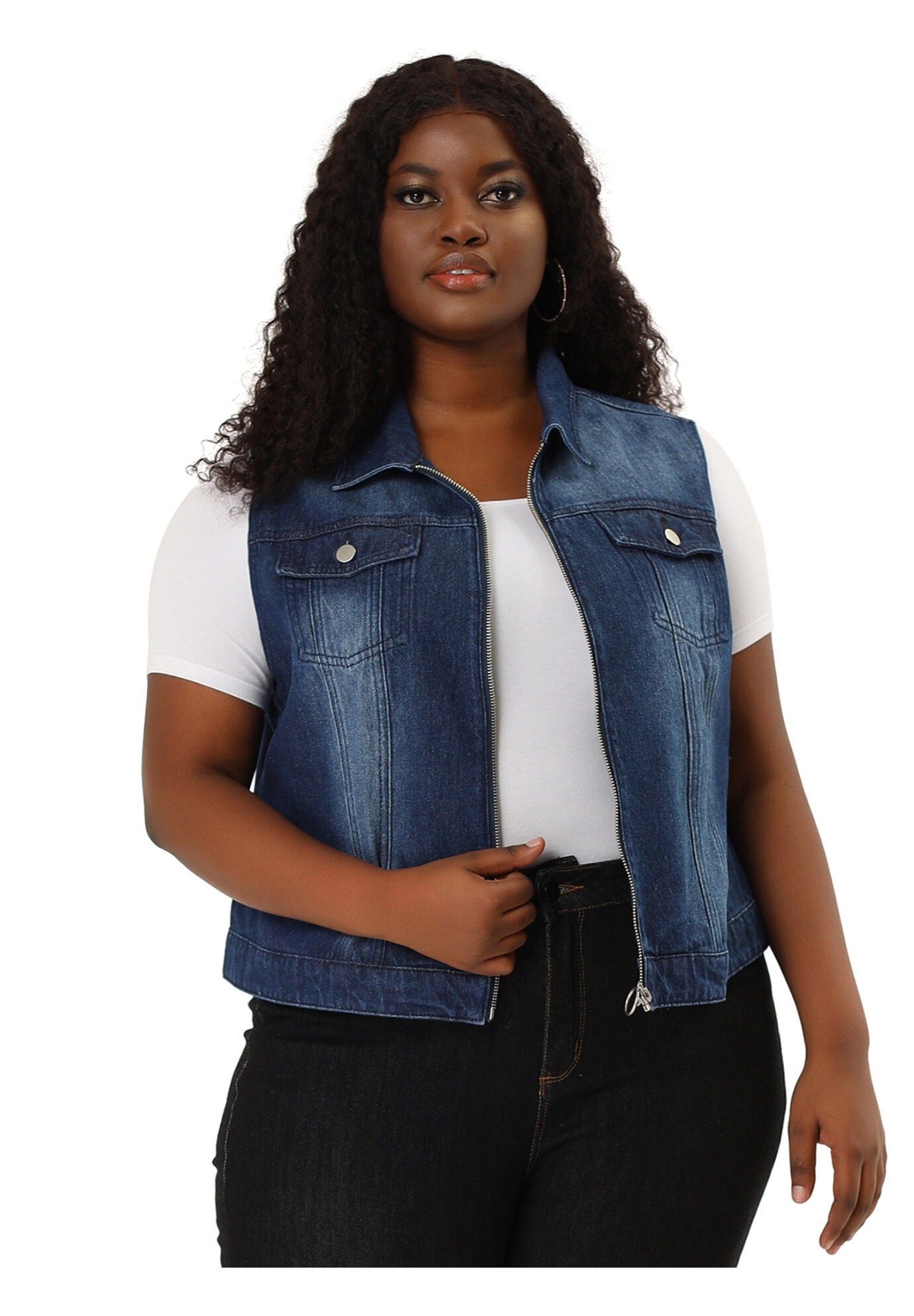 DENIM SLEEVELESS ZIP UP BUTTON DOWN JEANS JACKET VEST, Blue / Royal Blue, hi-res image number 0