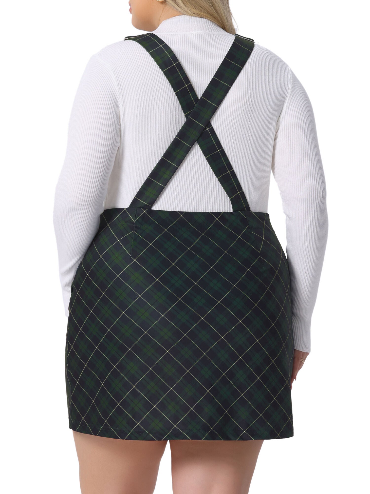 Vintage Plaid Adjustable Straps Pinafore Suspender Skirt Overall Dress, Green / Forest Green, alternate image number 3