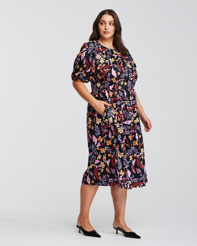 Flamingo Floral Midi Puff Sleeve Dress, Print / Black, alternate image number null