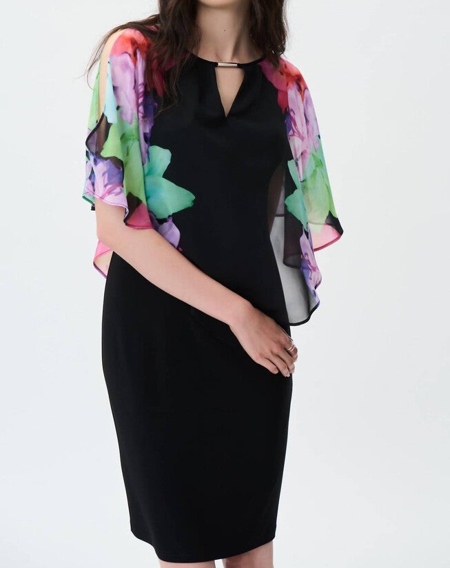 FLORAL PRINTED SLEEVES DRESS IN BLACK/MULTI, BlackMulti / Black, alternate image number null