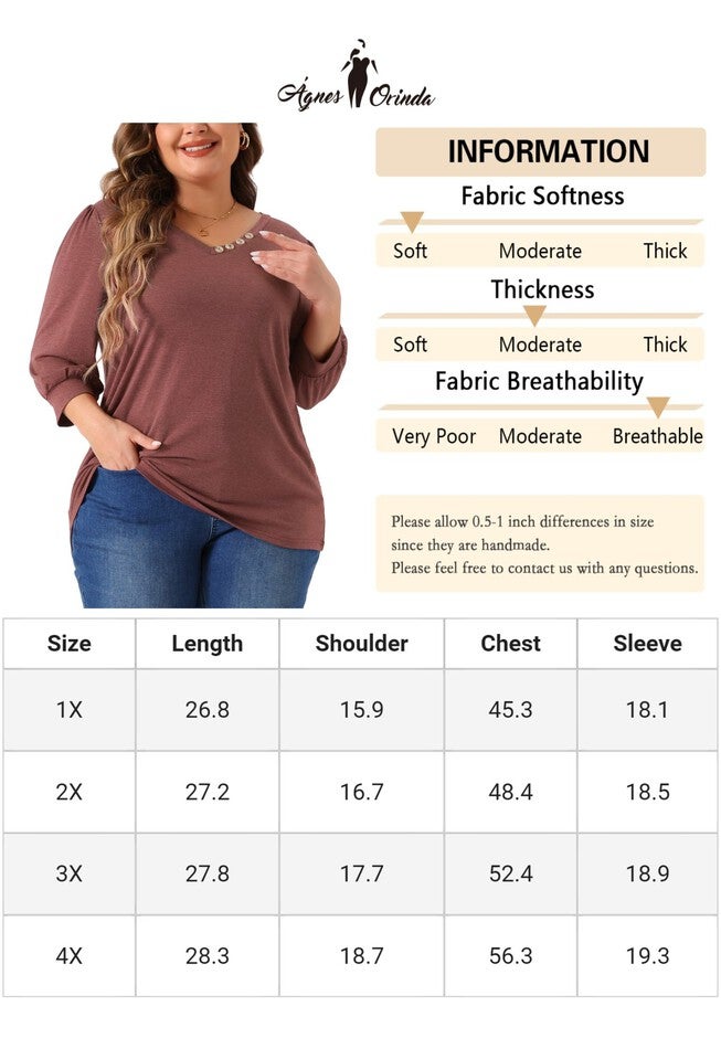 3/4 Sleeve V Neck Button Decor Blouse Shirt, Burgundy / Burgundy, alternate image number 4