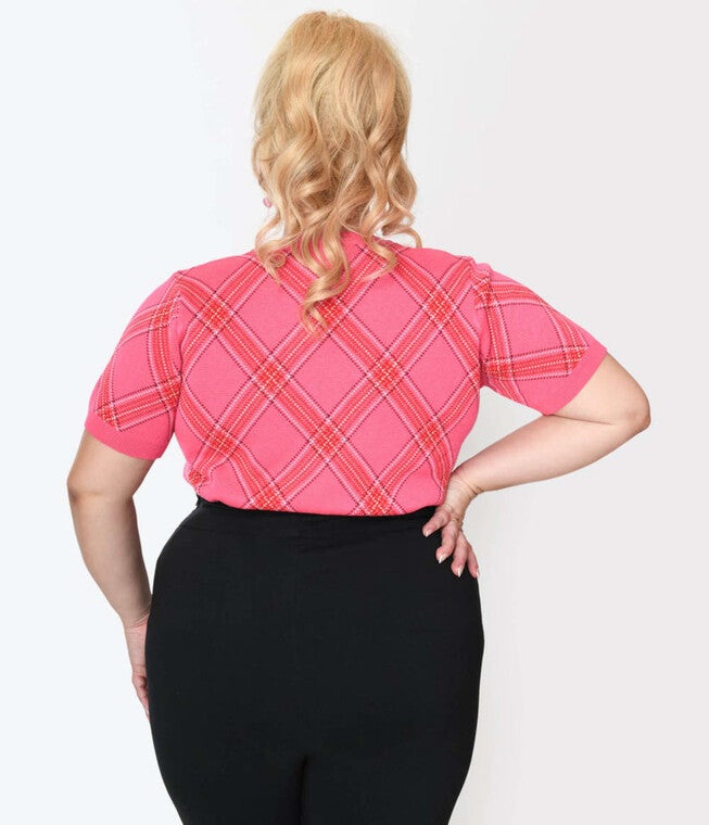 Unique Vintage Hot Pink Bias Plaid Short Sleeve Sweater, , alternate image number null