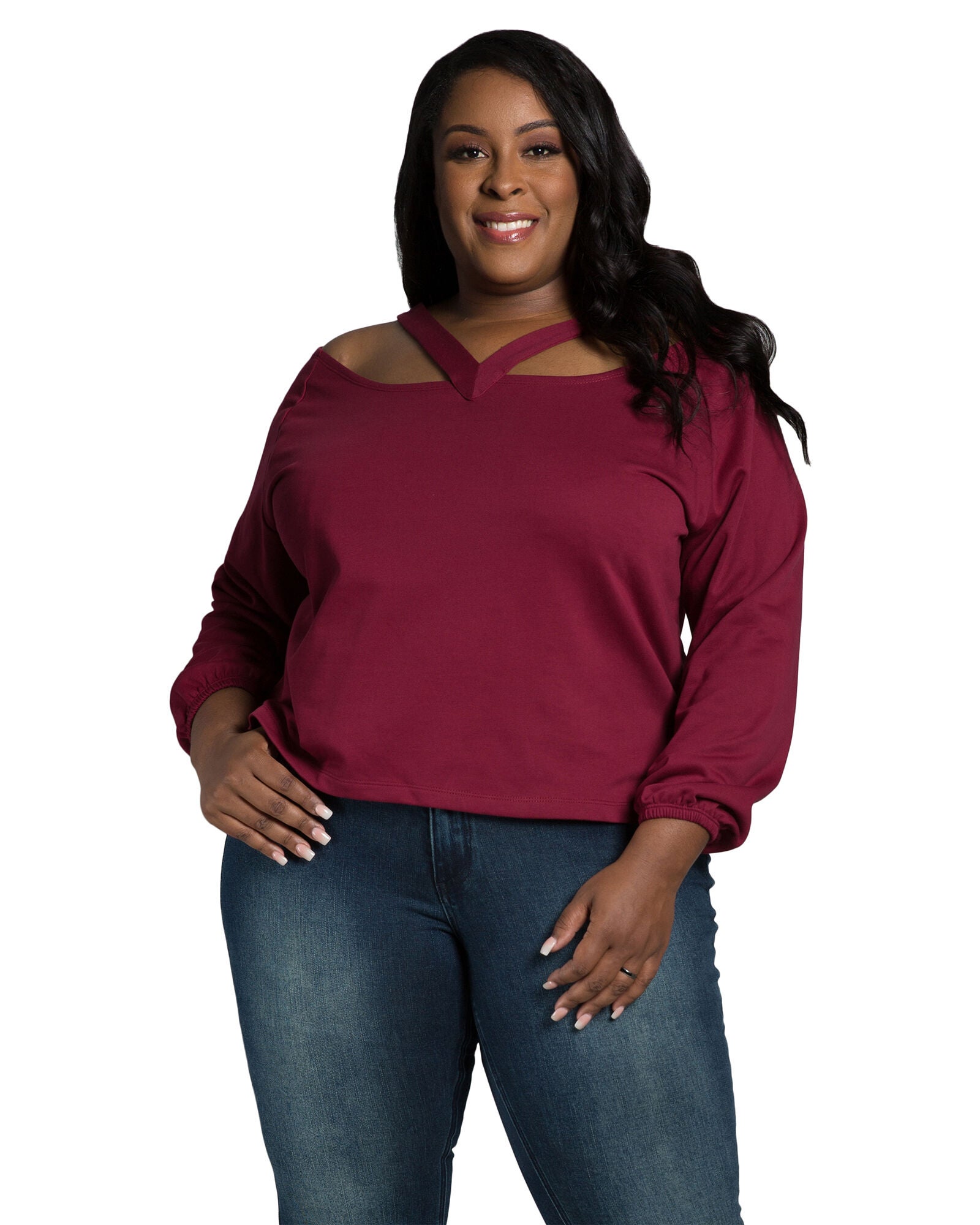 Della Women&#39;s V Self Straps Off Shoulder Long Sleeve Top, Sunset / Burgundy, hi-res image number 0