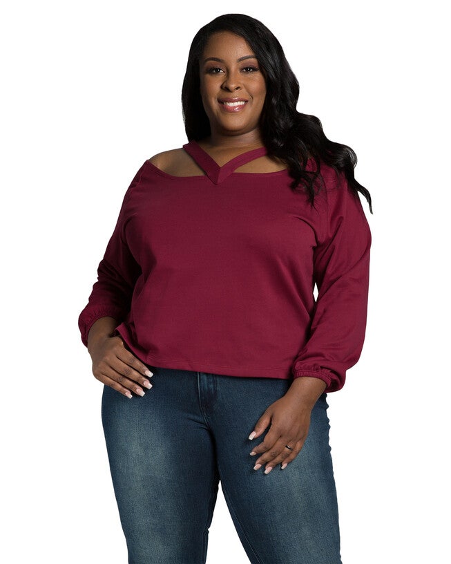 Della Women's V Self Straps Off Shoulder Long Sleeve Top, Sunset / Burgundy, hi-res image number 0