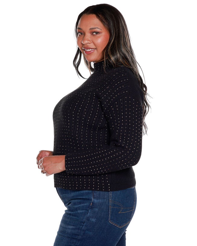 EMBELLISHED MOCK NECK RIBBED SWEATER, Black / Black, alternate image number 2