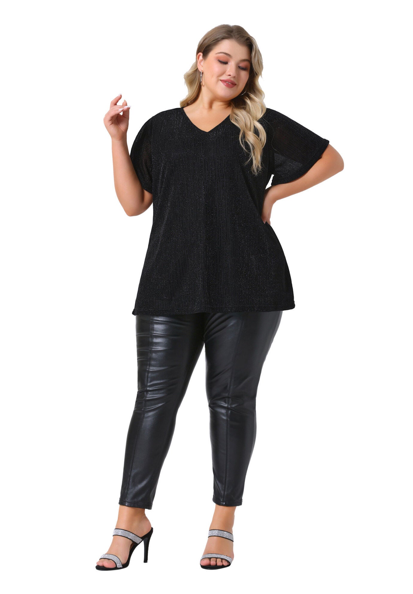 V Neck Metallic Short Sleeve Party Blouse Tee Top, Black / Black, hi-res image number 0
