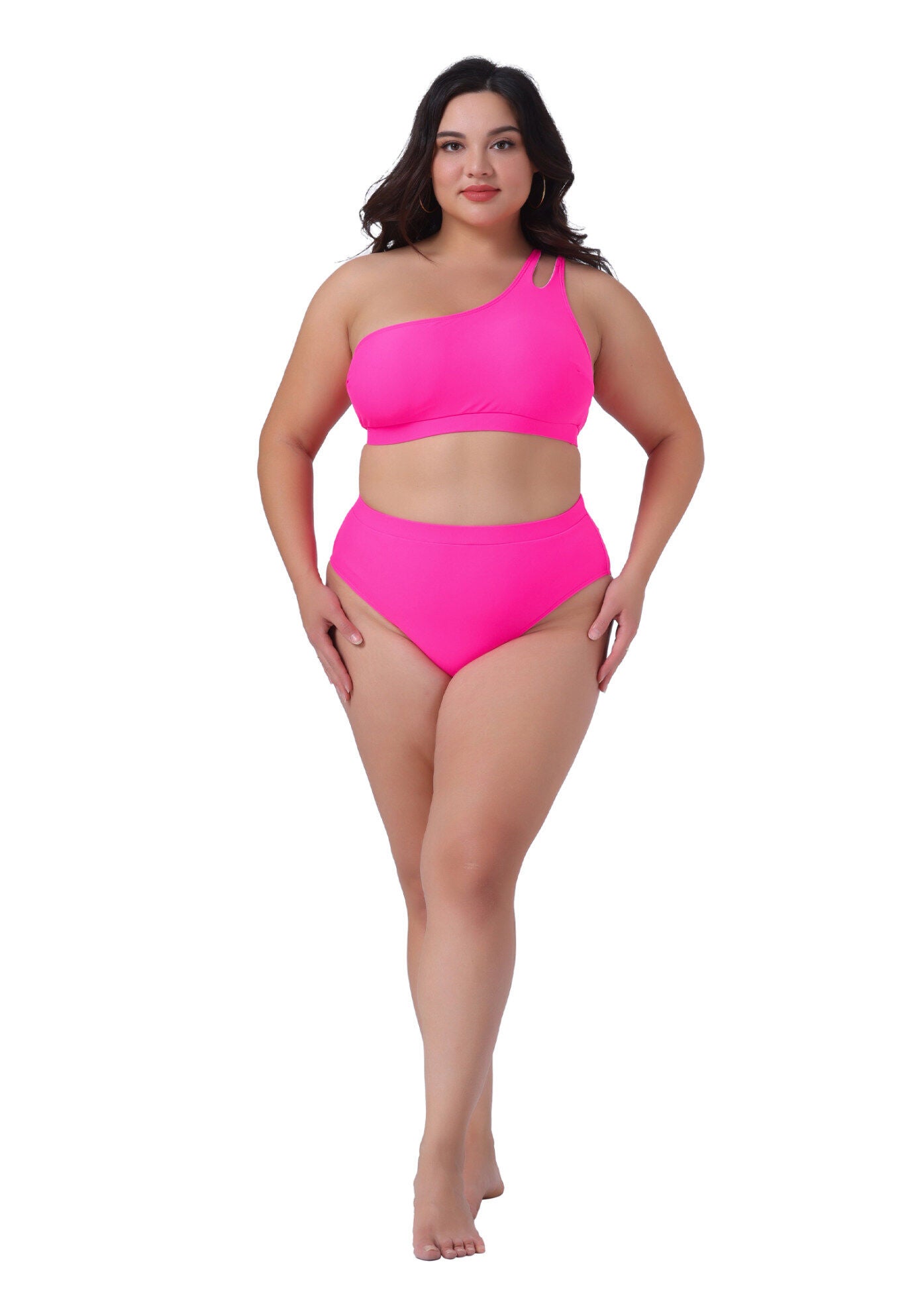 High Waisted Bikini Two Piece One Shoulder Keyhole Swimsuit, Hot Pink / Deep Fuchsia, hi-res image number 0