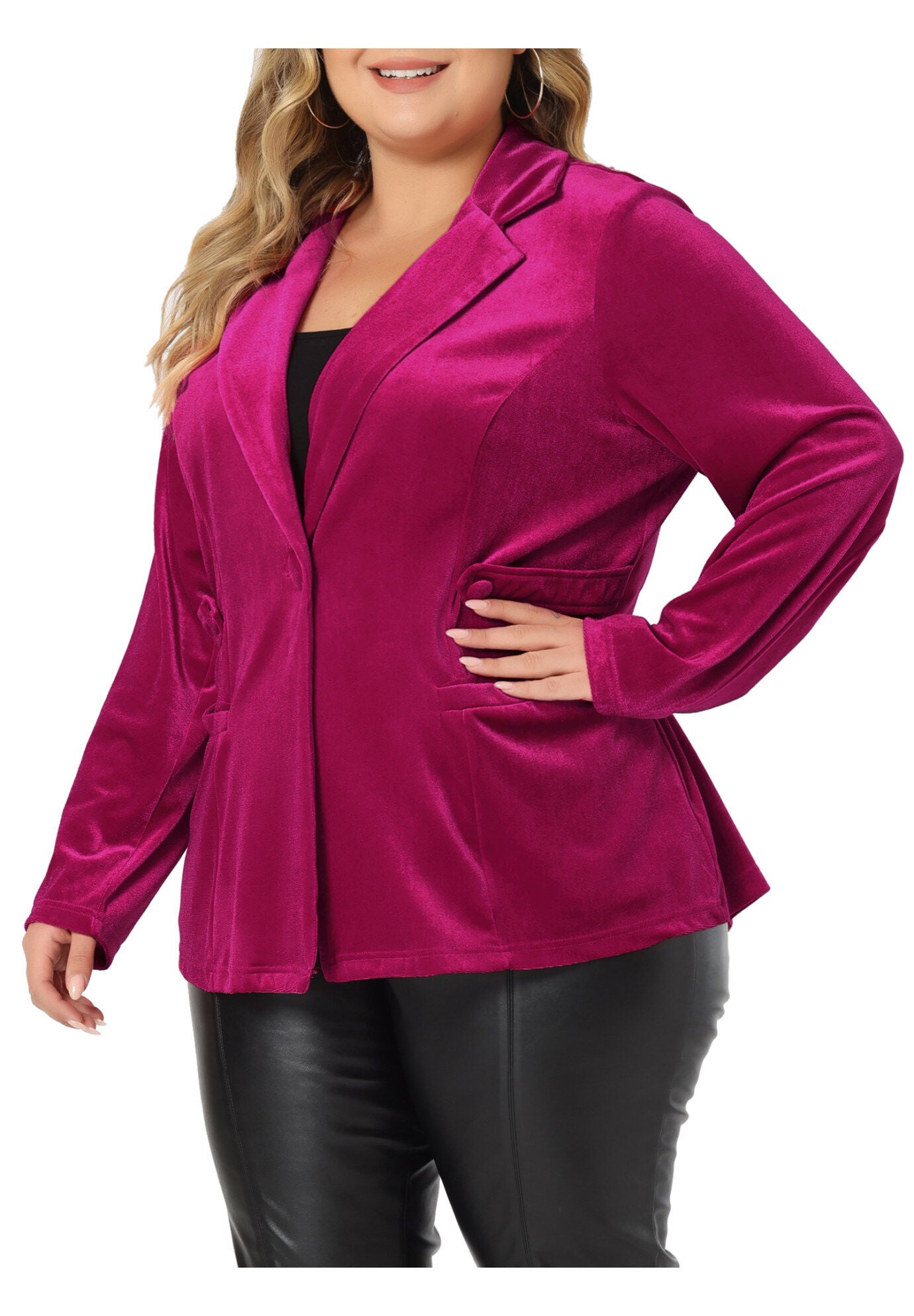 VINTAGE VELVET BUTTON NOTCHED LAPEL BLAZER, Hot Pink / Deep Fuchsia, alternate image number 1
