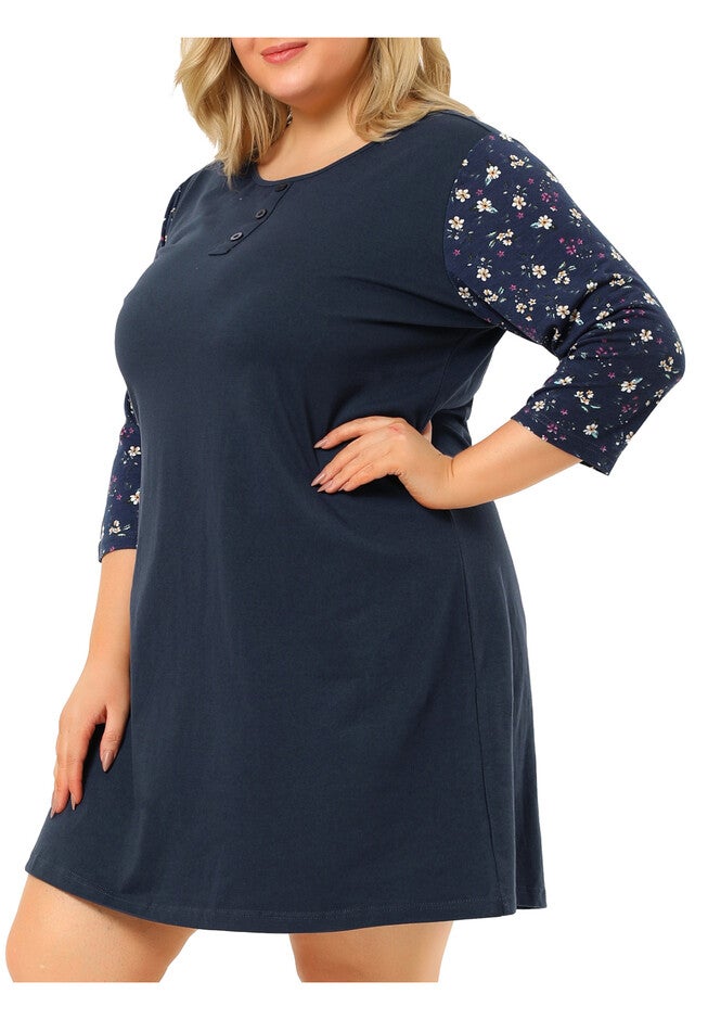 Floral 3/4 Sleeve Sleepwear Nightgown, Navy / Navy, alternate image number null