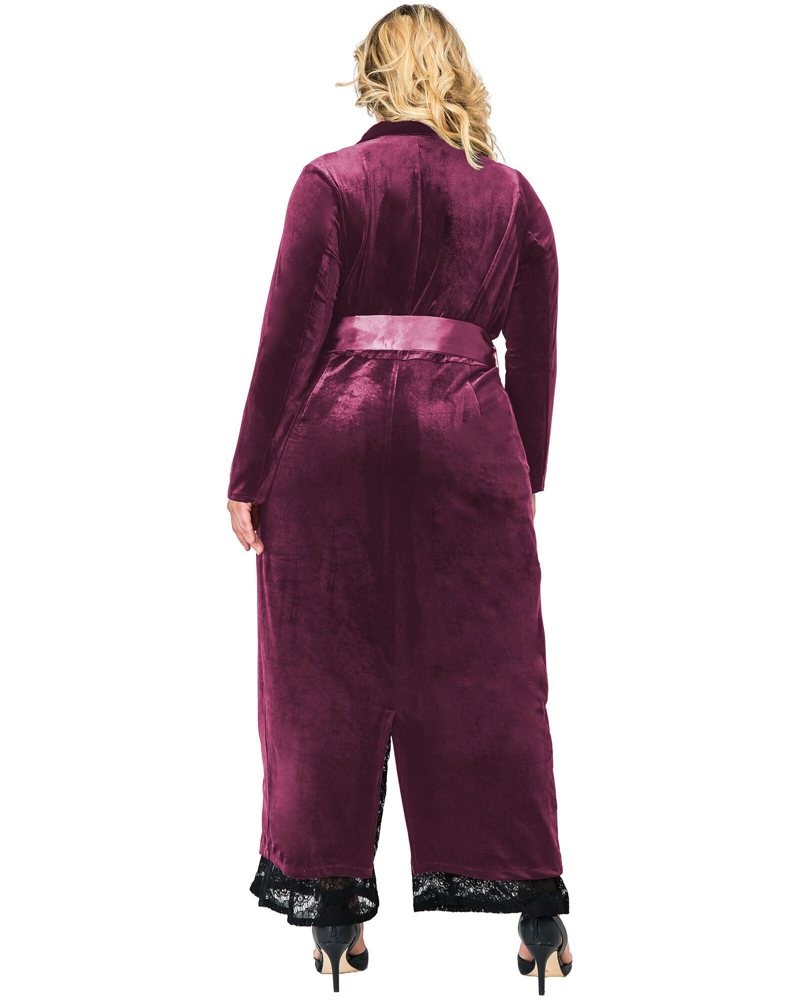 Plus Size Freya Stretch Velvet Wrap Midi Coat Dress With Satin Lapel And Satin Belt, ROSE / Magenta, alternate image number 1