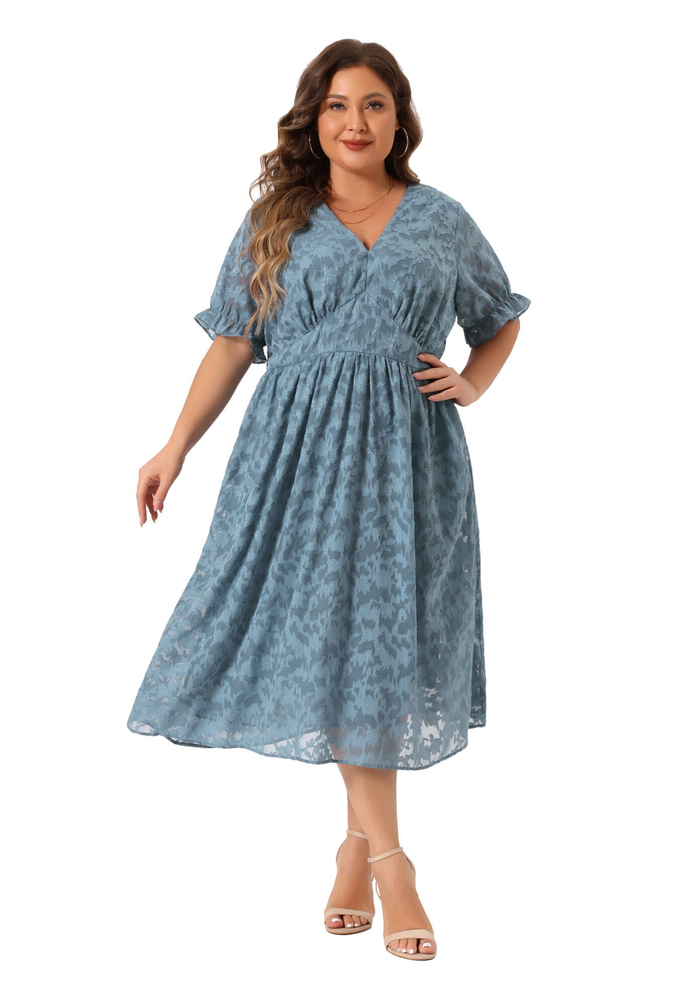LACE FLORAL RUFFLE SHORT SLEEVE V NECK MIDI DRESS, Gray Blue / Dusty Blue, hi-res image number 0