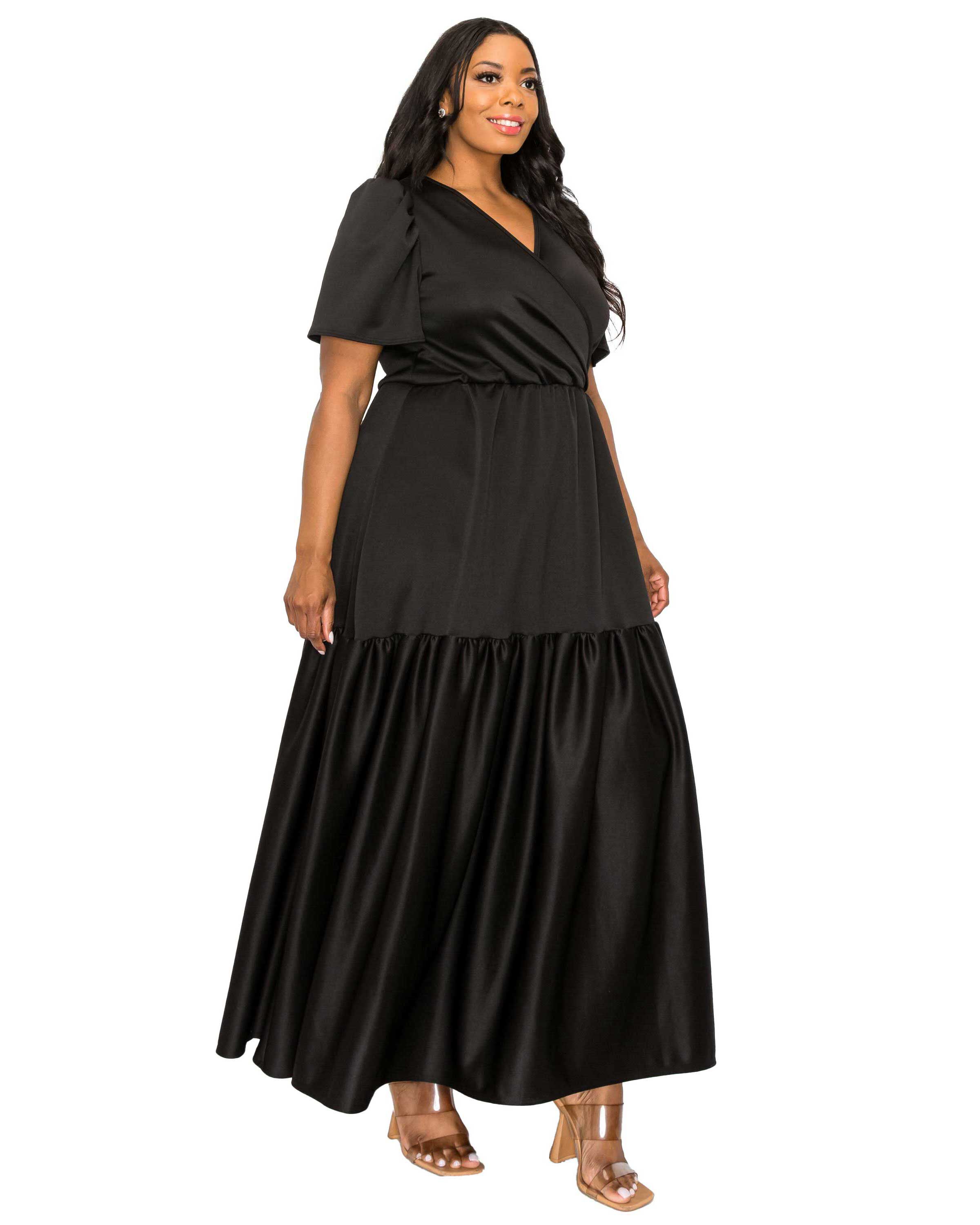JOLI SURPLICE NECK DRESS, Black / Black, alternate image number 1