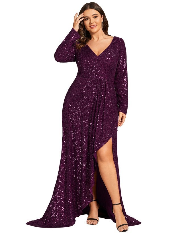 Sequin Long Sleeve V-neck Asymmetrical Hem Evening Dress, Dark Purple / Purple, alternate image number 3