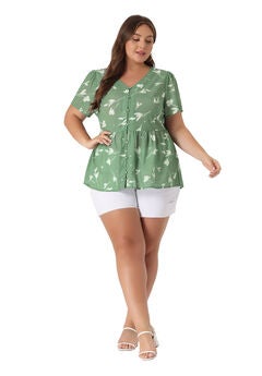 Chiffon Shirt V Neck Ruffle Short Sleeve Floral Peplum Top