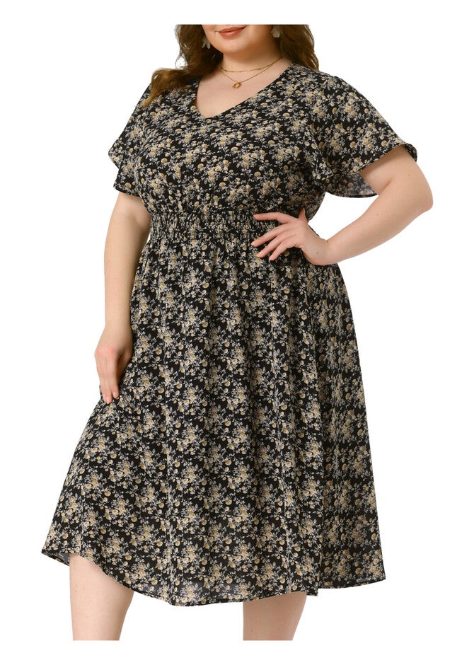 Summer Floral Print V Neck Smocked A-Line Flowy Midi Dress, Black / Black, alternate image number null