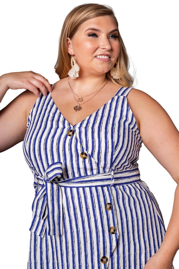 Sabine Striped Button-Front Sun Dress, White with blue black stripes / White, alternate image number null