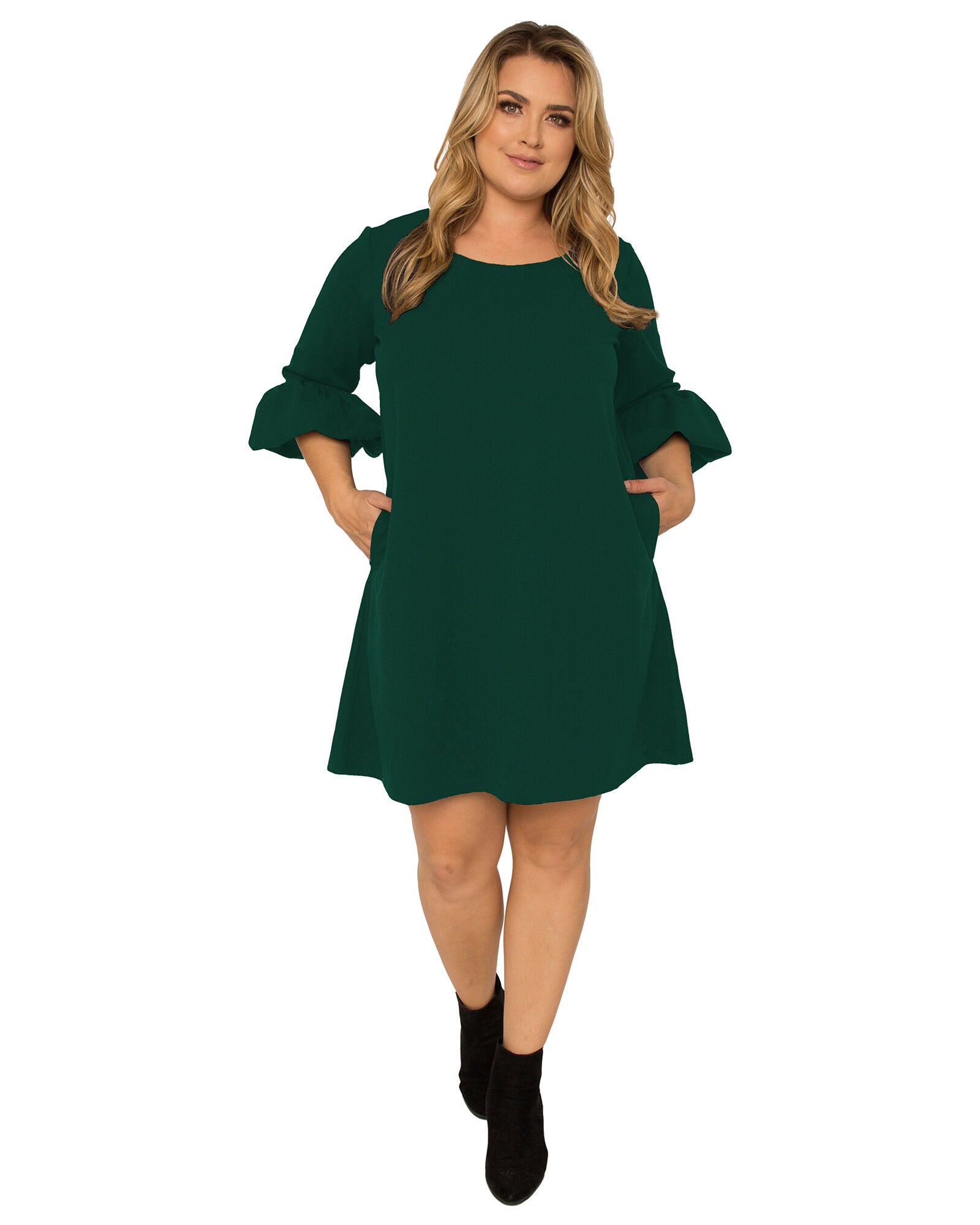 Plus Size Women&#39;s Crepe Knit 3/4 Balloon Sleeves Midi Shift Dress, Hunter Green / Hunter Green, hi-res image number 0