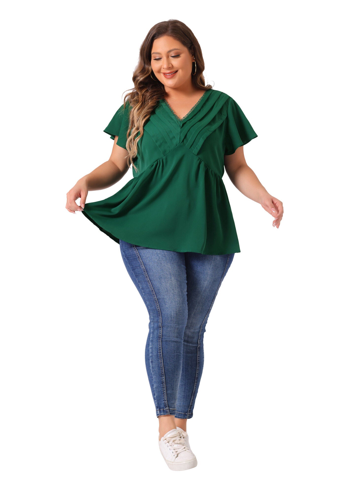 V NECK FLARE SLEEVE RUFFLE PEPLUM WRAP BLOUSE TOP, Dark Green / Forest Green, hi-res image number 0