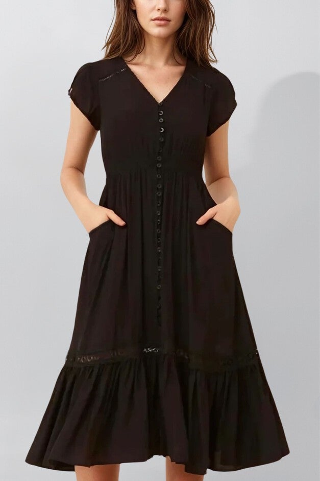 Annick - Elise Dress V-Neck Tiered Skirt Solid, Black / Black, hi-res image number null