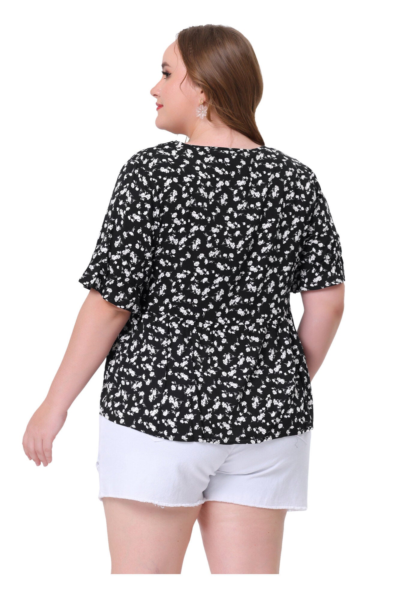 Floral Peplum Top V Neck Ruffle Short Sleeve Babydoll Blouse, Black / Black, alternate image number 3