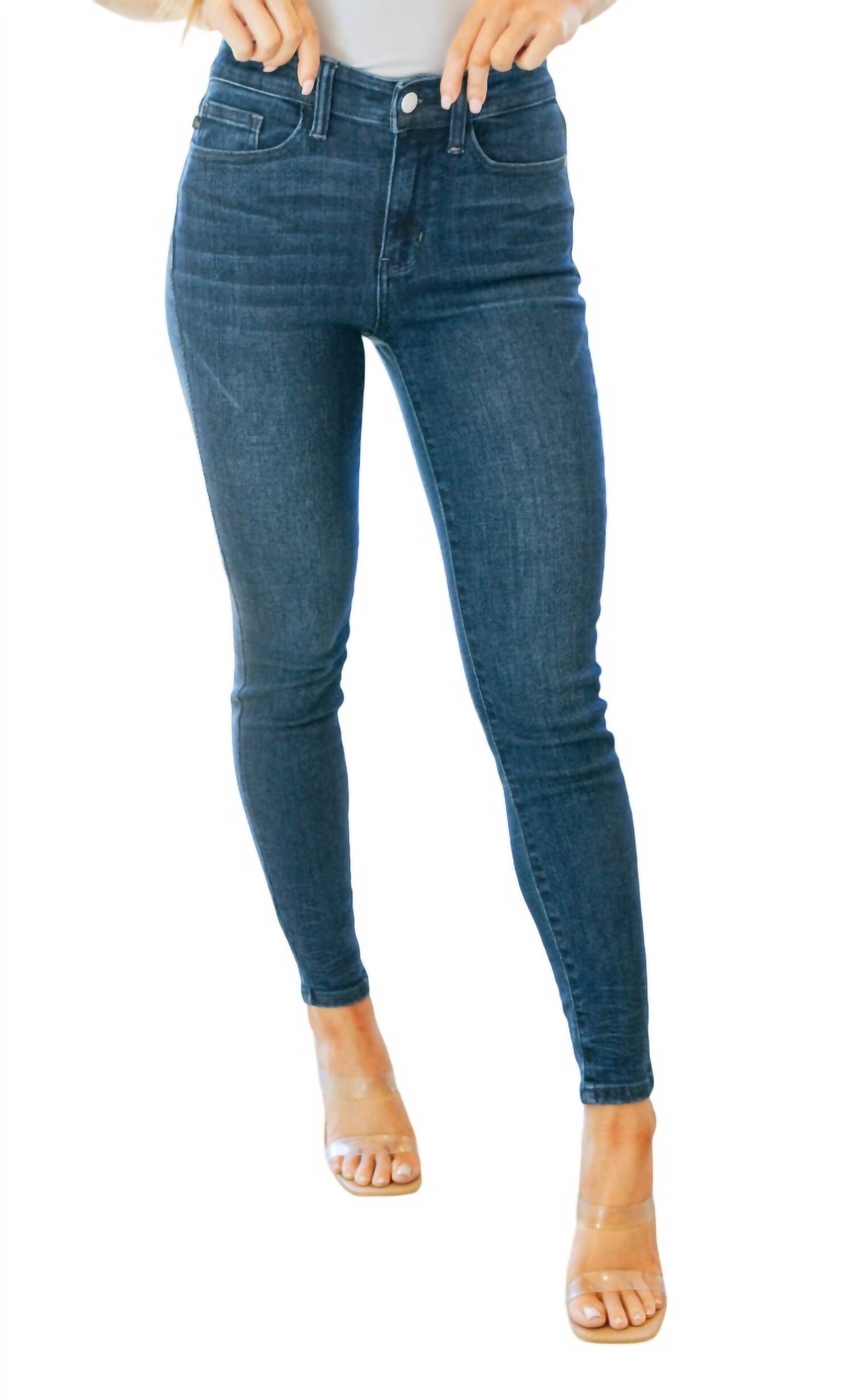 MID RISE CRINKLE ANKLE SKINNY JEANS, Dark Wash / Dark Wash, hi-res image number 0