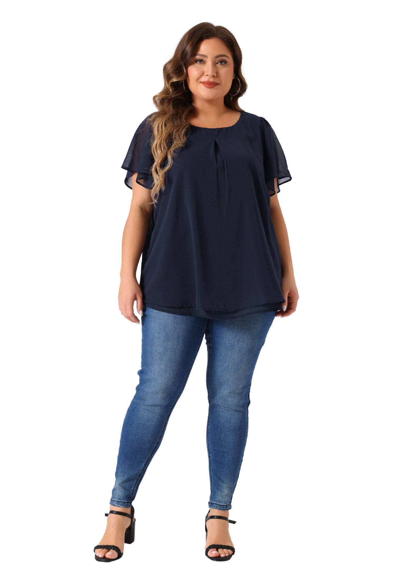 Ruffle Short Sleeve Double-Layered Chiffon Blouse, Navy Blue / Navy, hi-res image number 0