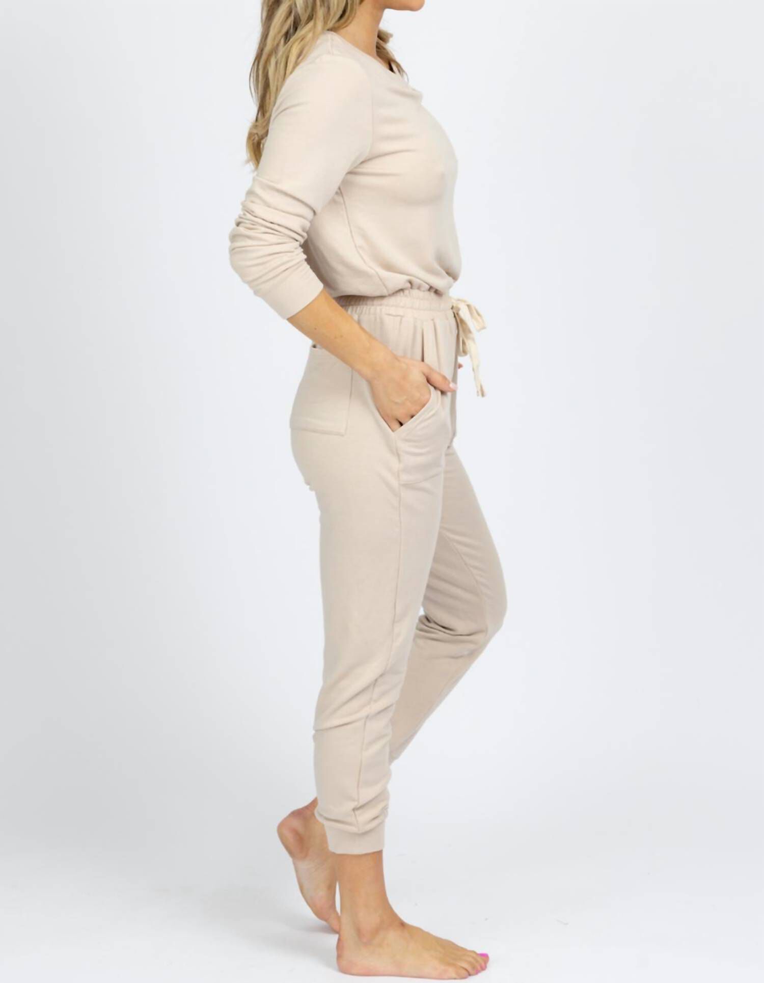 Butter Soft Drawstring Jumpsuit, Taupe / Beige, alternate image number 4