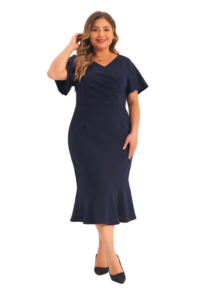V Neck Ruffled Short Sleeve Cocktail Wrap Dress, Navy Blue / Navy, hi-res image number 0