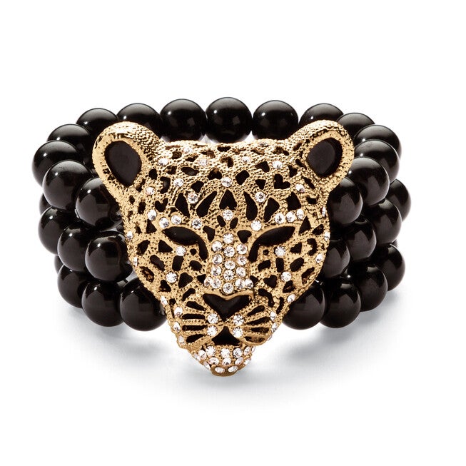 Genuine Black Onyx and Crystal Leopard Stretch Bracelet in Yellow Goldtone, White / White, hi-res image number 0