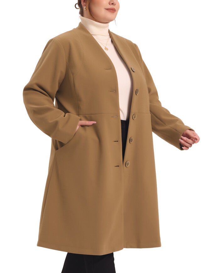 V NECK SINGLE BREASTED LONG COAT WITH POCKETS, Camel / Brown, alternate image number 2
